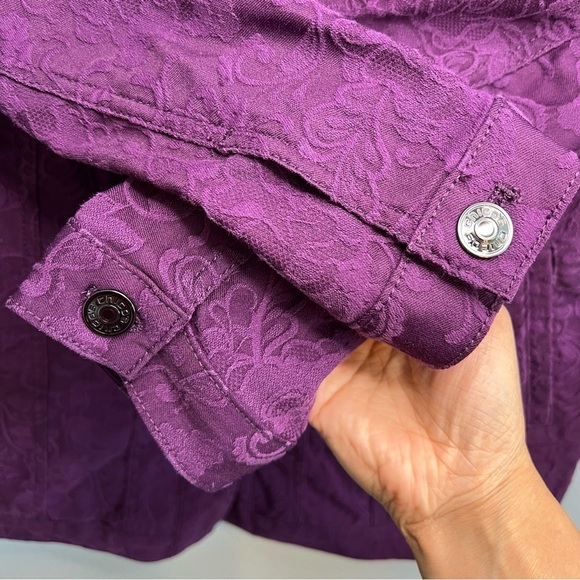 Chico’s Elongated Jacquard Denim Jacket Purple Sz S / Sz 4 / Sz 6 Long Fit - Picture 7 of 13